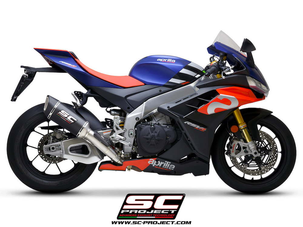 Aprilia RSV4 (2021-2022) Factory SC1-R Muffler (250mm), carbon fiber end cap, with titanium exhaust valve