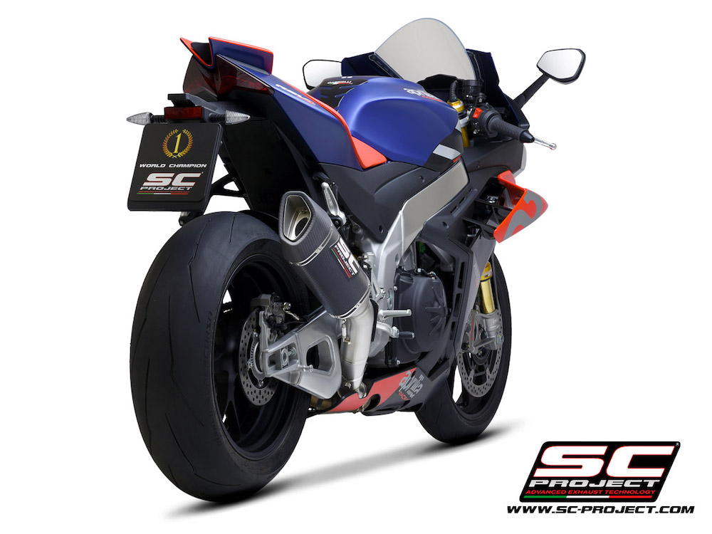 Aprilia RSV4 (2021-2022) Factory SC1-R Muffler (250mm), carbon fiber end cap, with titanium exhaust valve