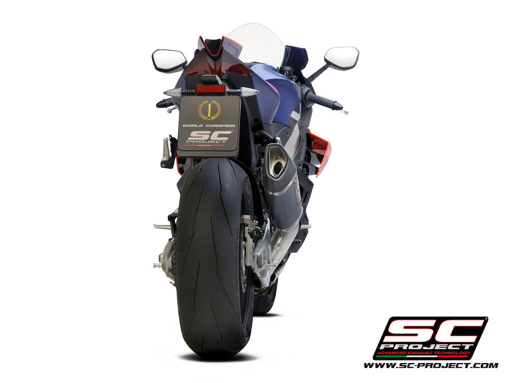 Aprilia RSV4 (2021-2022) Factory SC1-R Muffler (250mm), carbon fiber end cap, with titanium exhaust valve