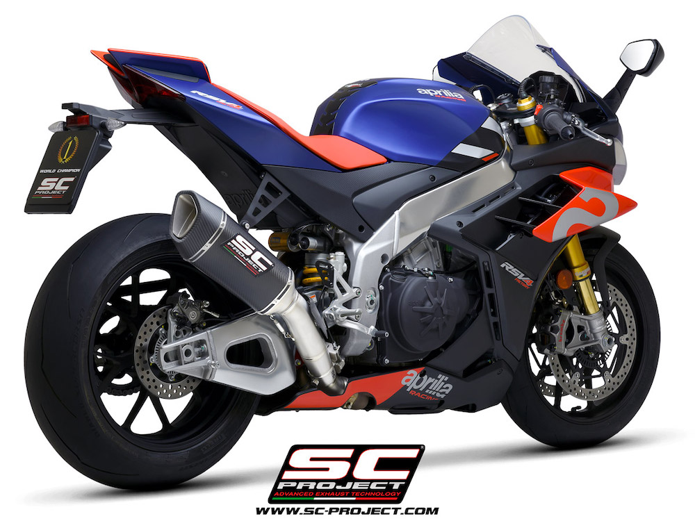 Aprilia RSV4 (2021-2022) Factory SC1-R Muffler (250mm), carbon fiber end cap, with titanium exhaust valve