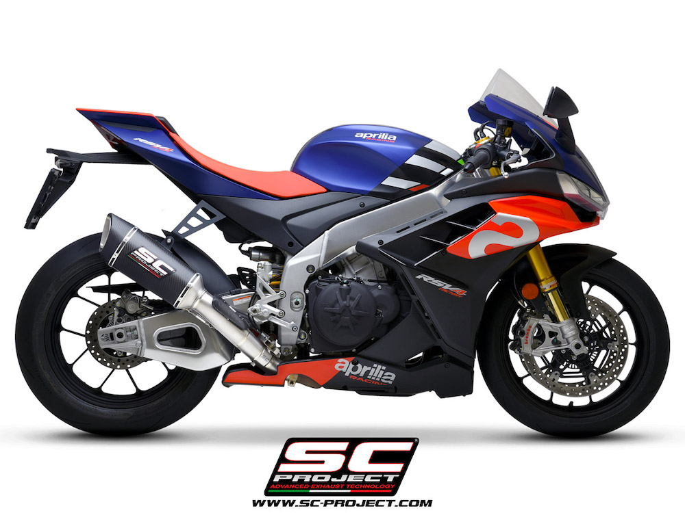 Aprilia RSV4 (2021-2022) Factory SC1-R Muffler (250mm), carbon fiber end cap, with titanium exhaust valve