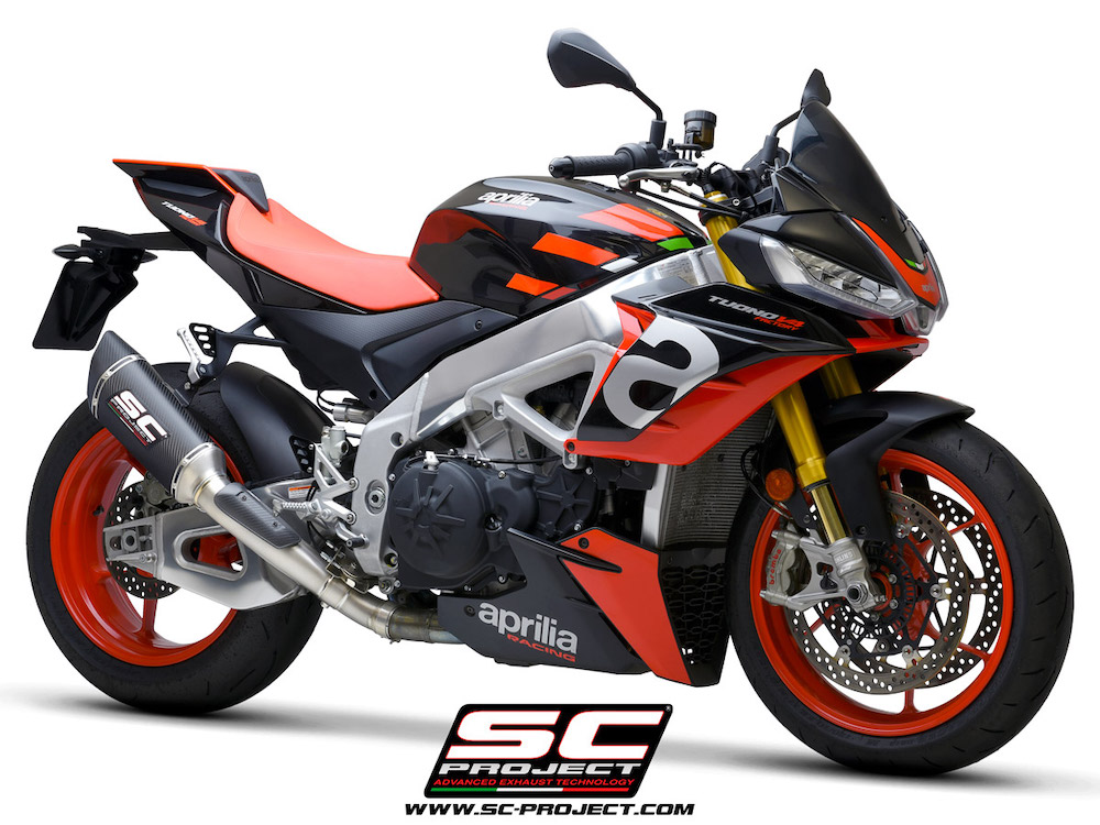 Aprilia TUONO V4 (2021-2022) - Factory SC1-R Muffler (250mm), carbon fiber end cap, with titanium exhaust valve