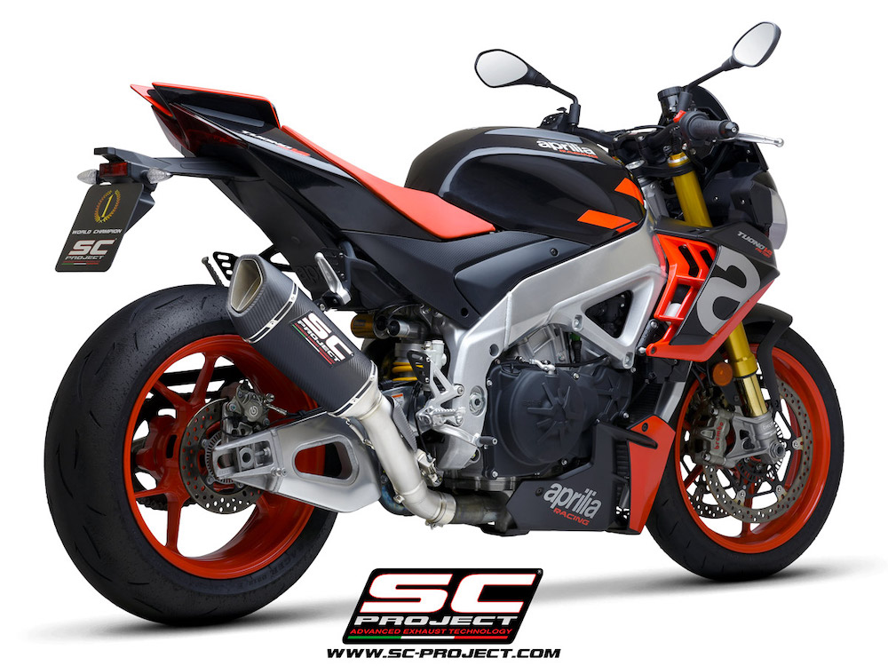 Aprilia TUONO V4 (2021-2022) - Factory SC1-R Muffler (250mm), carbon fiber end cap, with titanium exhaust valve