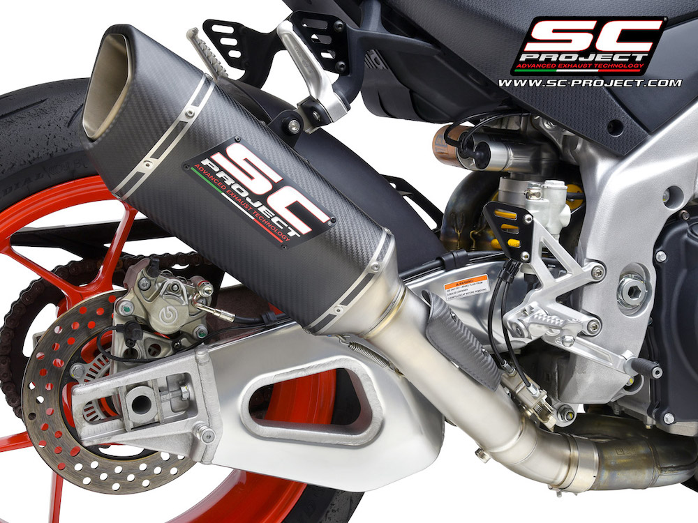 Aprilia TUONO V4 (2021-2022) - Factory SC1-R Muffler (250mm), carbon fiber end cap, with titanium exhaust valve