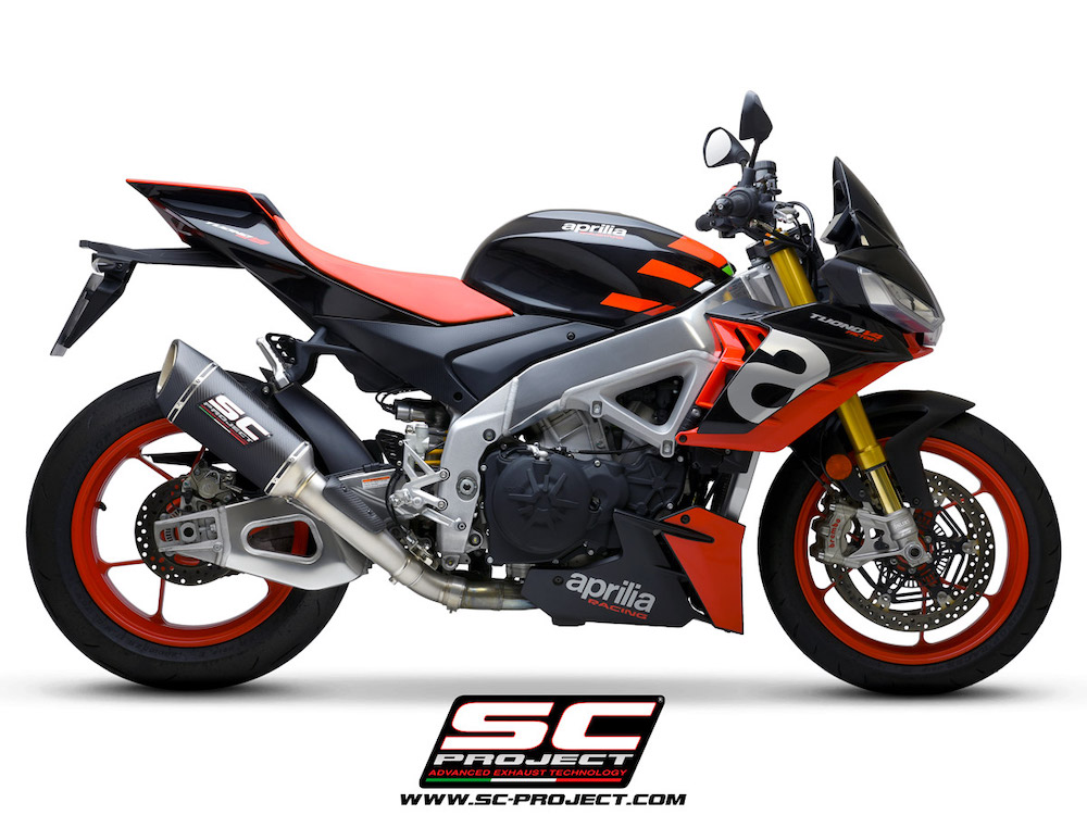 Aprilia TUONO V4 (2021-2022) - Factory SC1-R Muffler (250mm), carbon fiber end cap, with titanium exhaust valve