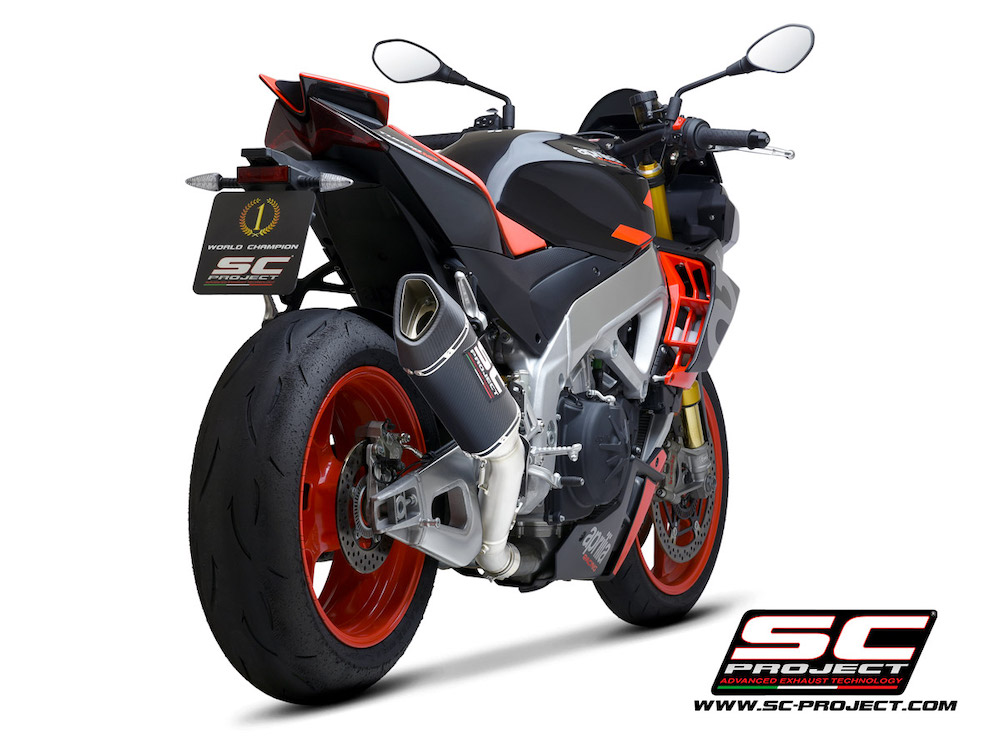 Aprilia TUONO V4 (2021-2022) - Factory SC1-R Muffler (250mm), carbon fiber end cap, with titanium exhaust valve